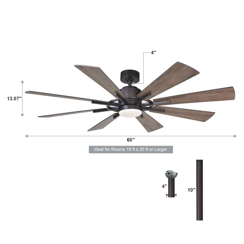 60-in Farmhouse Wooden 8-Blades LED Large Ceiling Fan with Light and Remote - 60 Inches