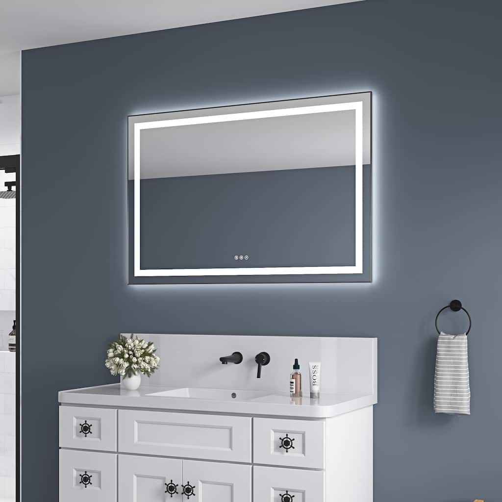 48" x 32" LED Bathroom Mirror with Front and Backlight, Wall Mounted Vanity Mirror with Aluminum Frame, Anti-Fog
