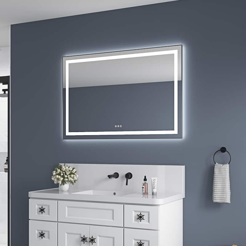 48 x 32 Inch LED Bathroom Mirror with Front and Backlight, Wall Mounted Vanity Mirror with Aluminum Frame, Anti-Fog