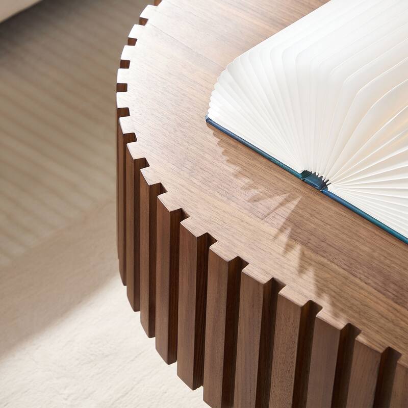 Modern Handcraft Drum Coffee Table Oval Coffee Table for Living Room,Small Wooden Coffee Table with Sturdy Pedestal for Office