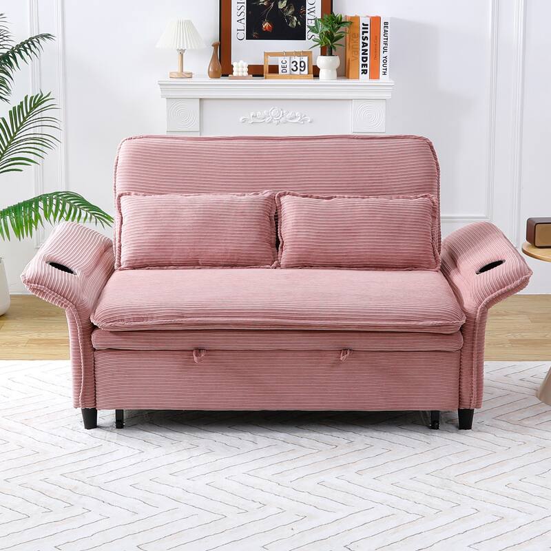 65.74-inch pink letter striped fabric multi-functional sofa bed,armrests and backrests are adjustable