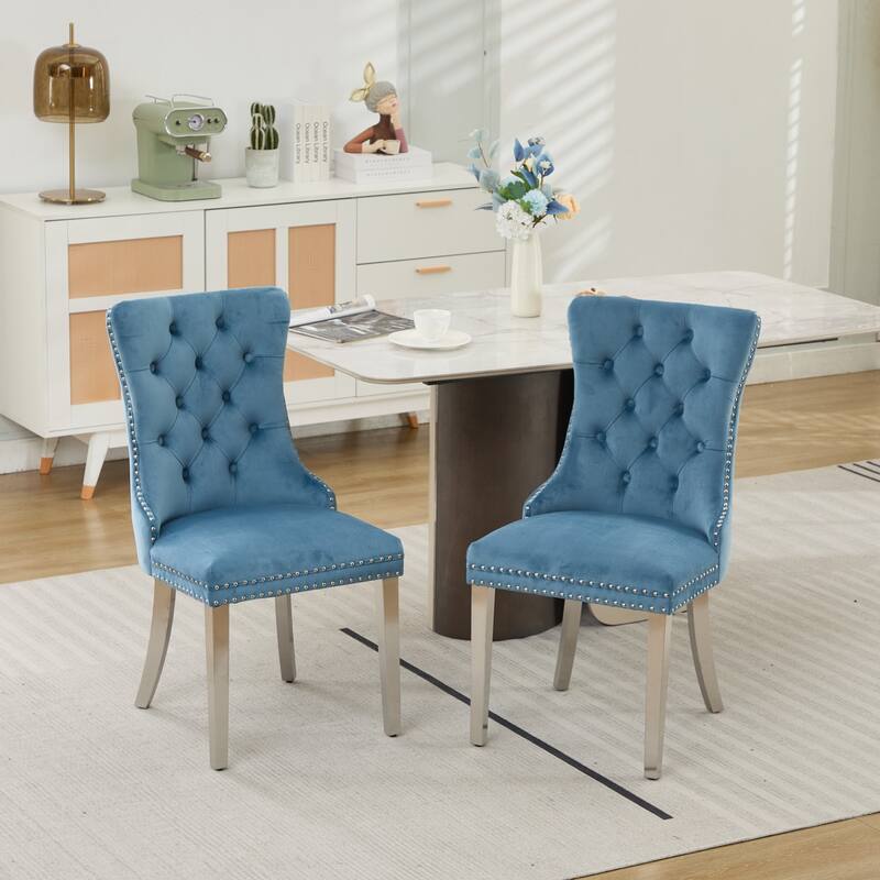 Velvet Dining Chairs Set of 2, Button Tufted Upholstered Dining Chair, Kitchen Chairs with Nailhead Trim & Stainless Steel Legs