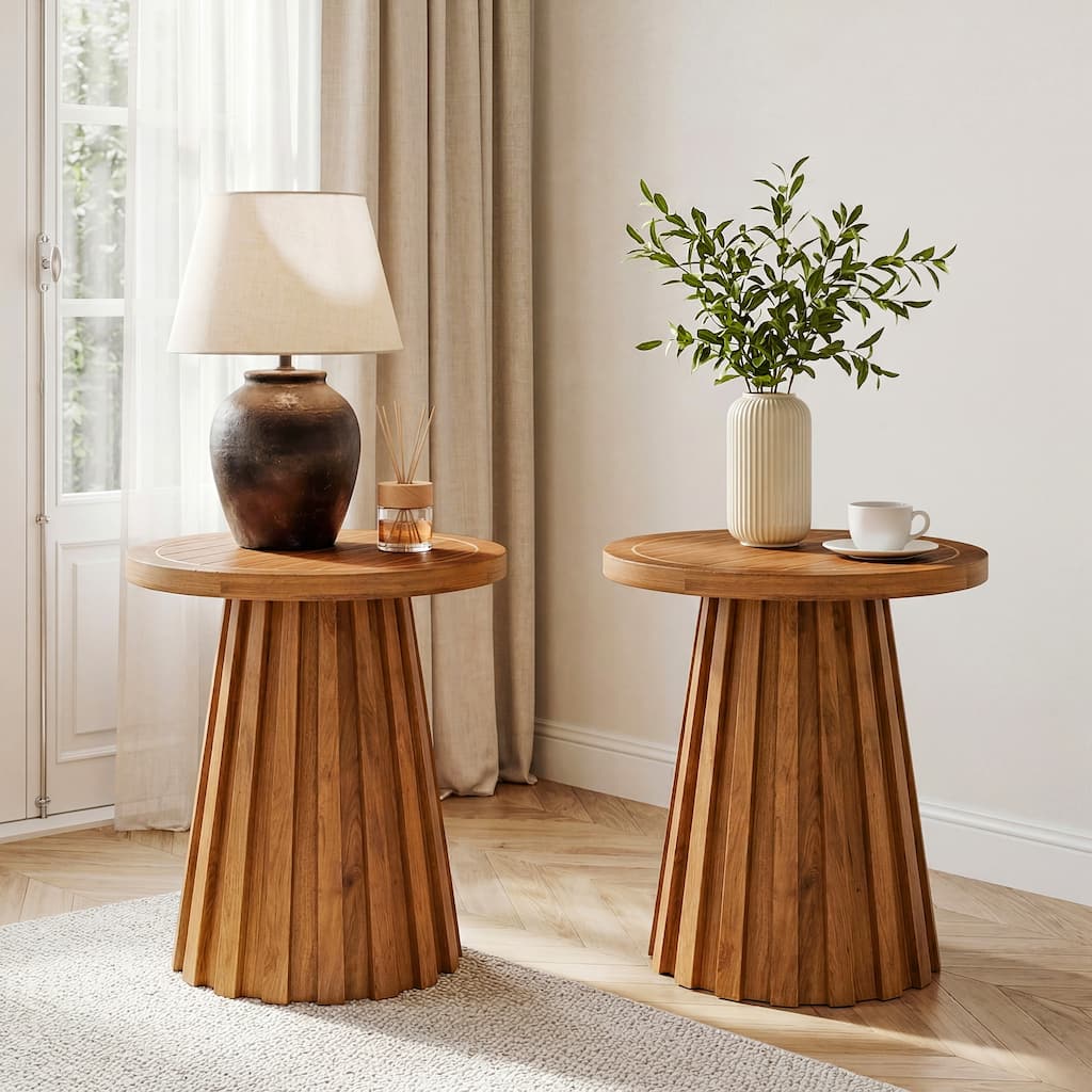 19.7" Solid Wood Round Side Table with Fluted Base