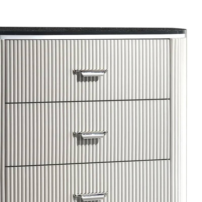 Alda Tall Dresser Chest, 5 Drawers, Black Stone Top, Gray Wood, Silver