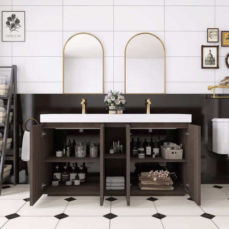 59.6'' Freestanding Bathroom Vanity with White Integrated Solid Surface Sink in Smoked Oak - 59.49'' x 19.11'' x 36.45''