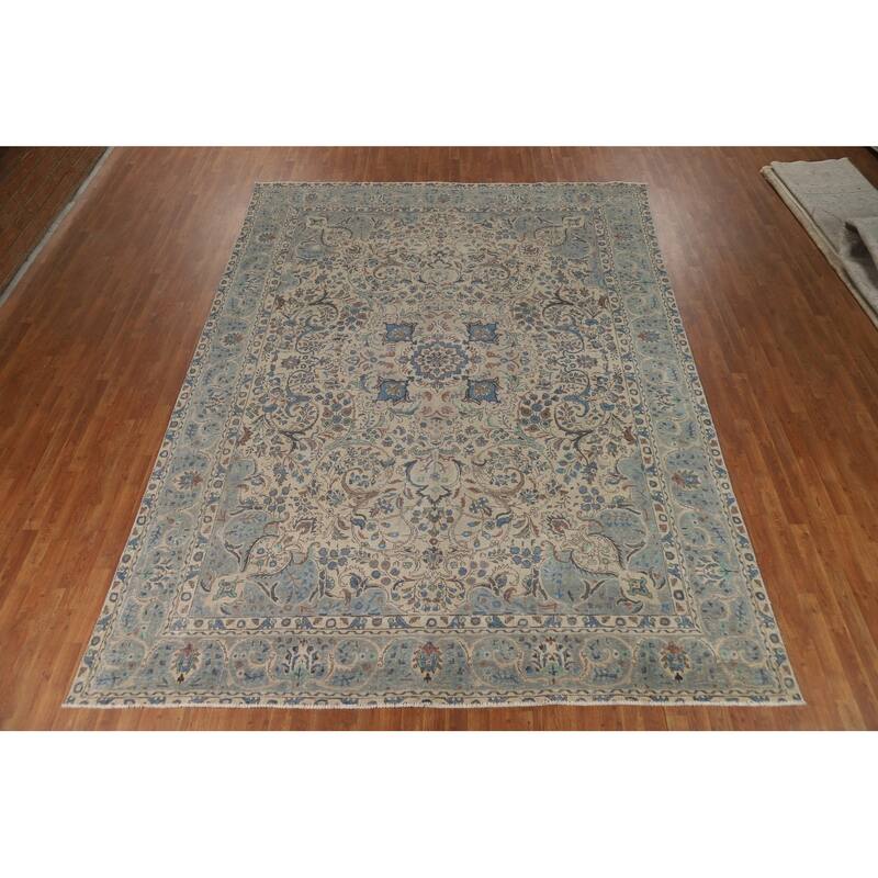 Floral Medallion Tabriz Persian Area Rug Beige Handmade Wool Carpet - 9'7"x 12'9"