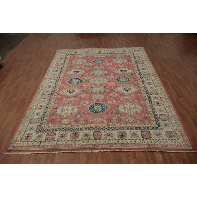 Hand Knotted Oriental 100% Wool Carpet Traditional Geometric Pink Kazak Area Rug - 11' 10'' X 8' 9''