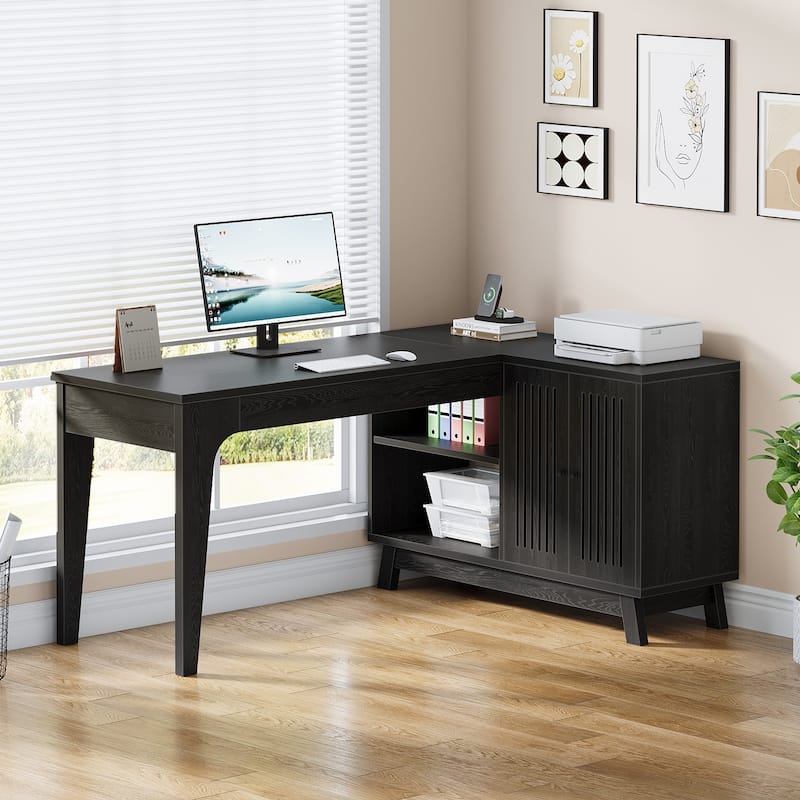 57'' Wood L-Shaped Corner Computer Desk Writing Table with Cabinet
