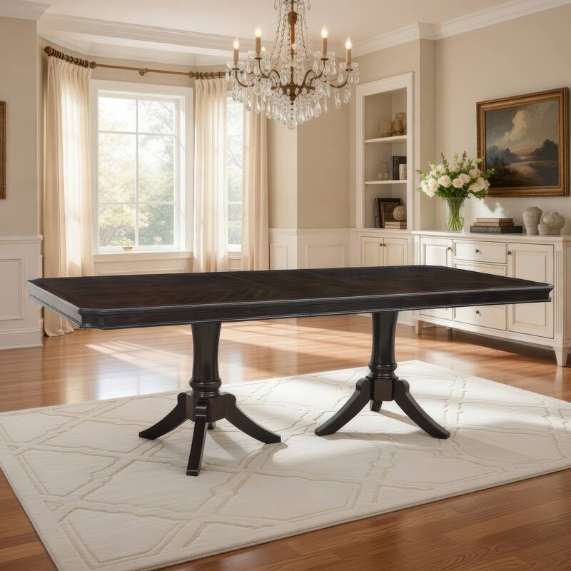 Stoe 76-96 Inch Dining Table, Rectangular Extendable, Pedestal Base, Brown