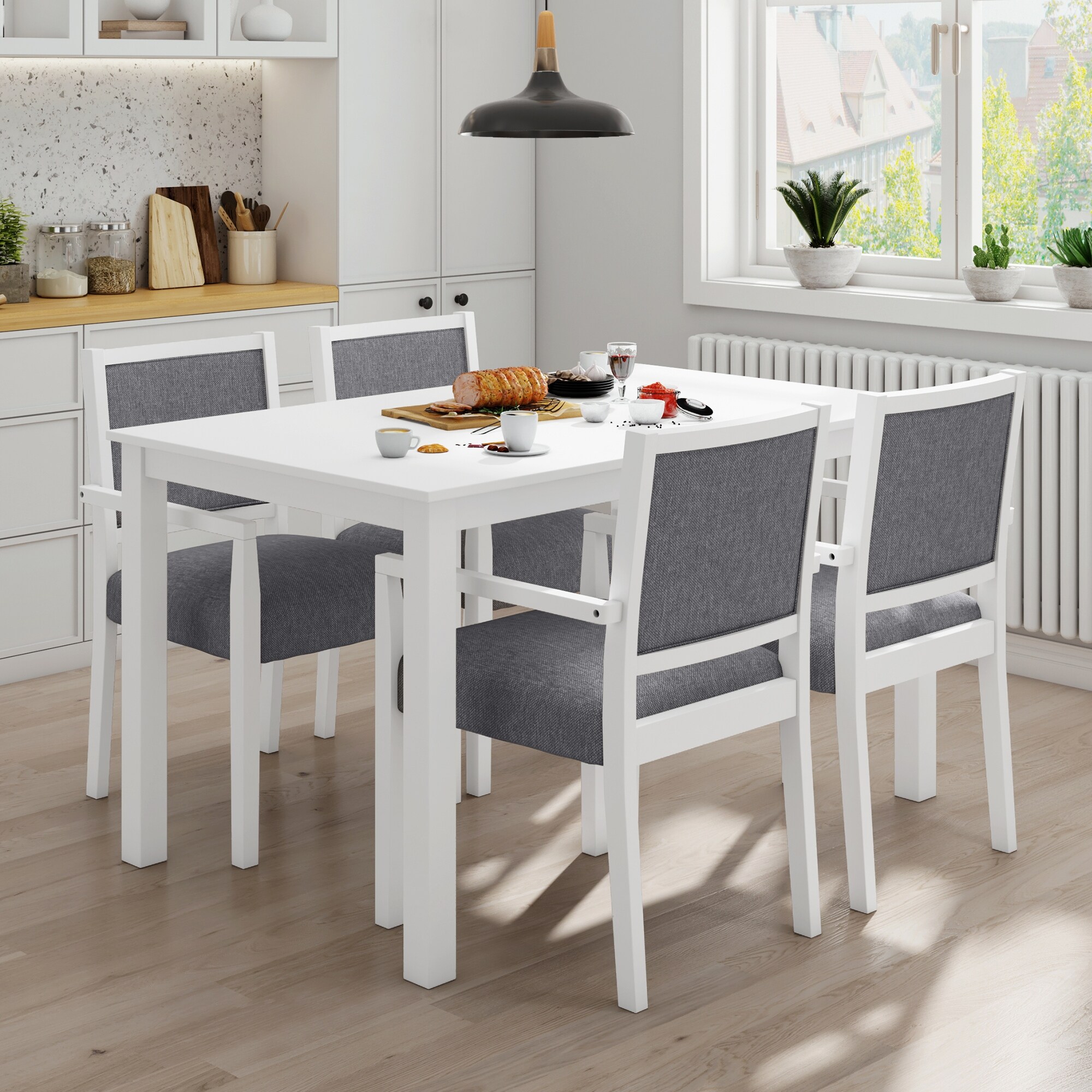 5 Piece Dining Table Set with 4 Arm Thick Sponge Upholstered