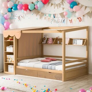 Wooden Natural Full size House Bed with 2 Drawers and Built-in Wardrobe