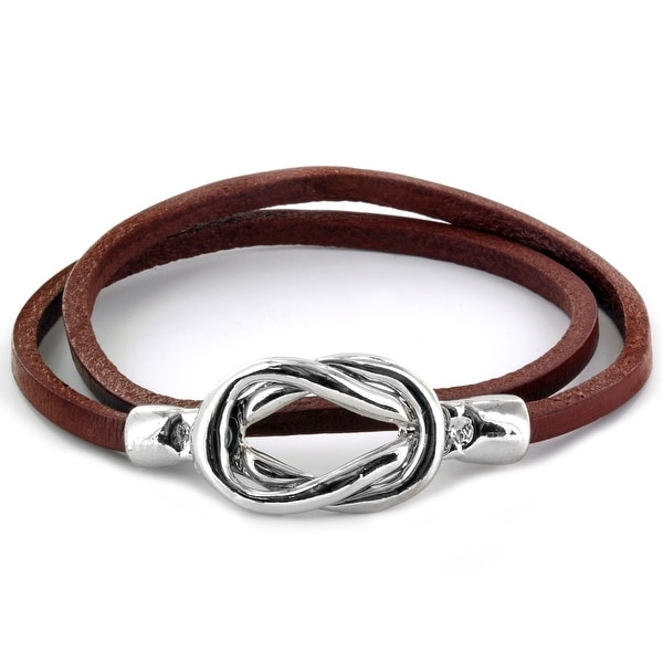 Steel Knot Double Wrap Leather Bracelet (Brown) (4 mm) - 8 in