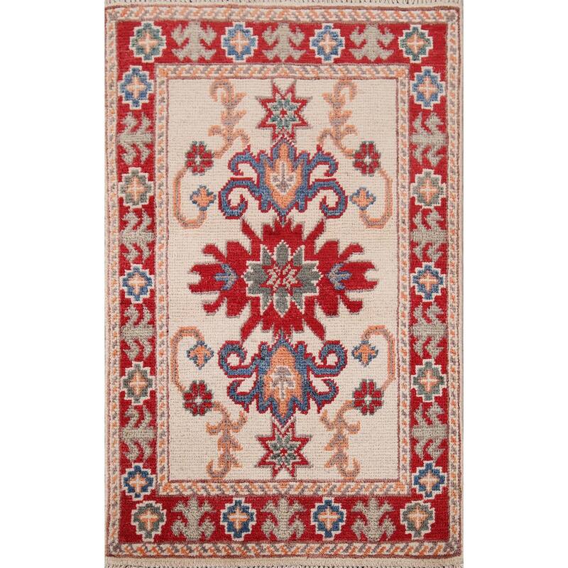 Hand Knotted Oriental 100% Wool Carpet Traditional Geometric Beige & Ivories Kazak Area Rug - 2' 10'' X 1' 10''