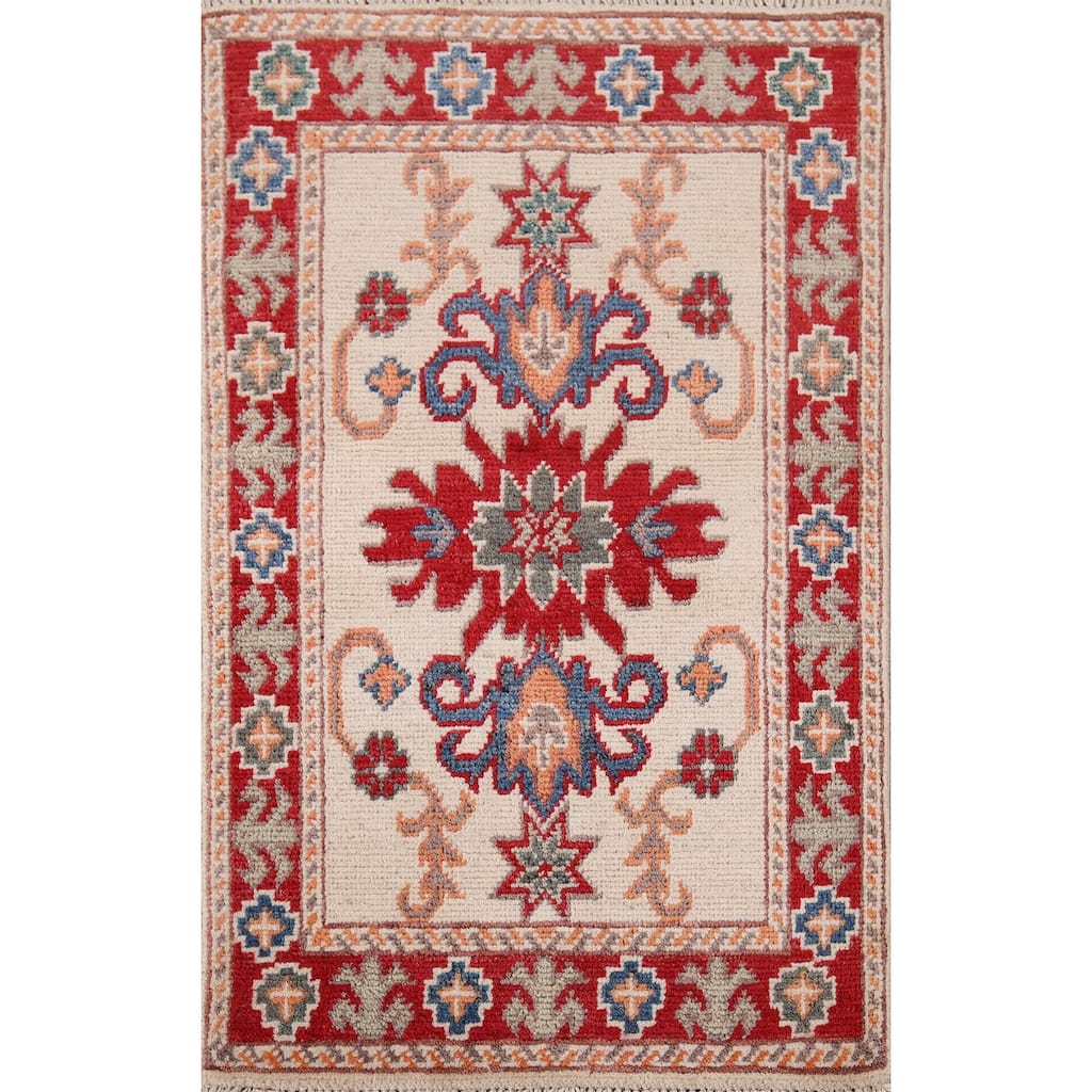 Hand Knotted Oriental 100% Wool Carpet Traditional Geometric Beige & Ivories Kazak Area Rug - 2' 10'' X 1' 10''