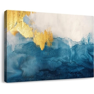 Modern Canvas Wall Art Blue Gold Leaf Abstract Painting Prints - Bed ...
