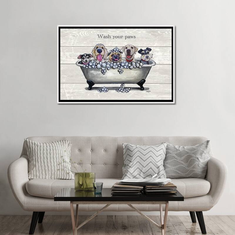 iCanvas "Tub With Dogs, Bathroom Dogs, Wash Your Paws" by Hippie Hound Studios Framed Canvas Print