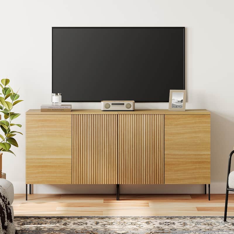 31.5" Modern Reeded TV Stand With Doors, Entertainment Center With Shelf, Wooden TV Console  - 2PCS - Oak