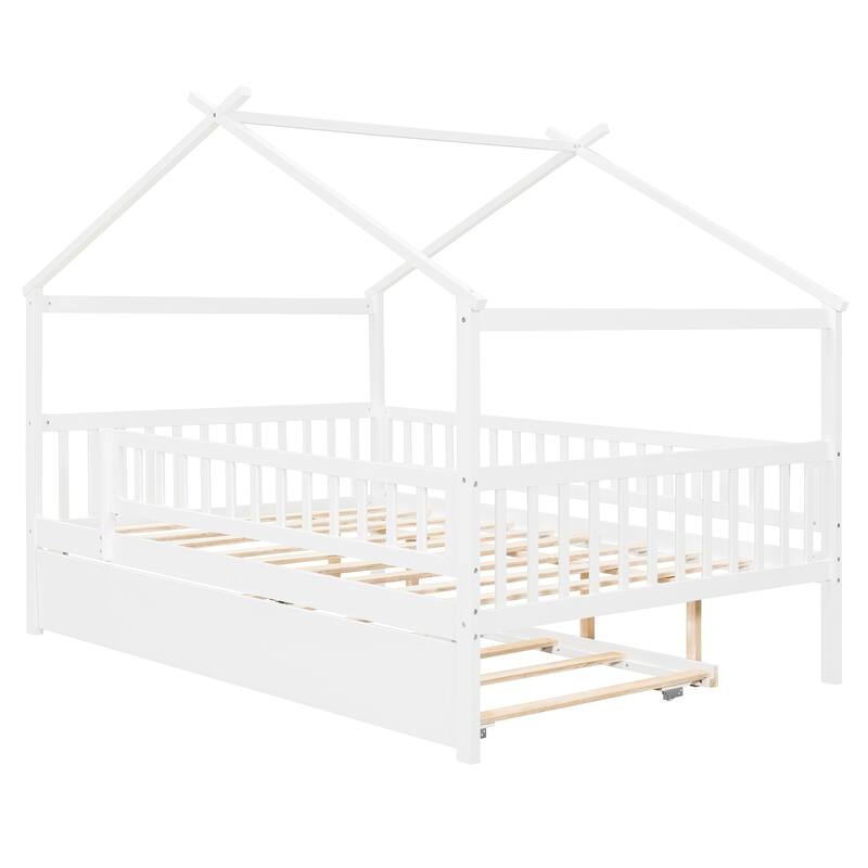 Roomfitters Full Size Wooden House Bed with Twin Trundle and Roof Frame Pine
