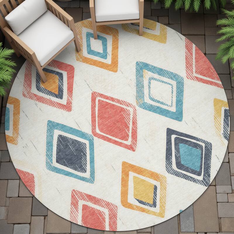 Machine Washable Indoor/Outdoor Diamond Contemporary Chantille Rug - Ivory - 8' x 8'