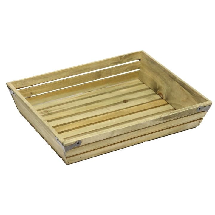 Natural wood large shallow rectangle crate with metal corner design