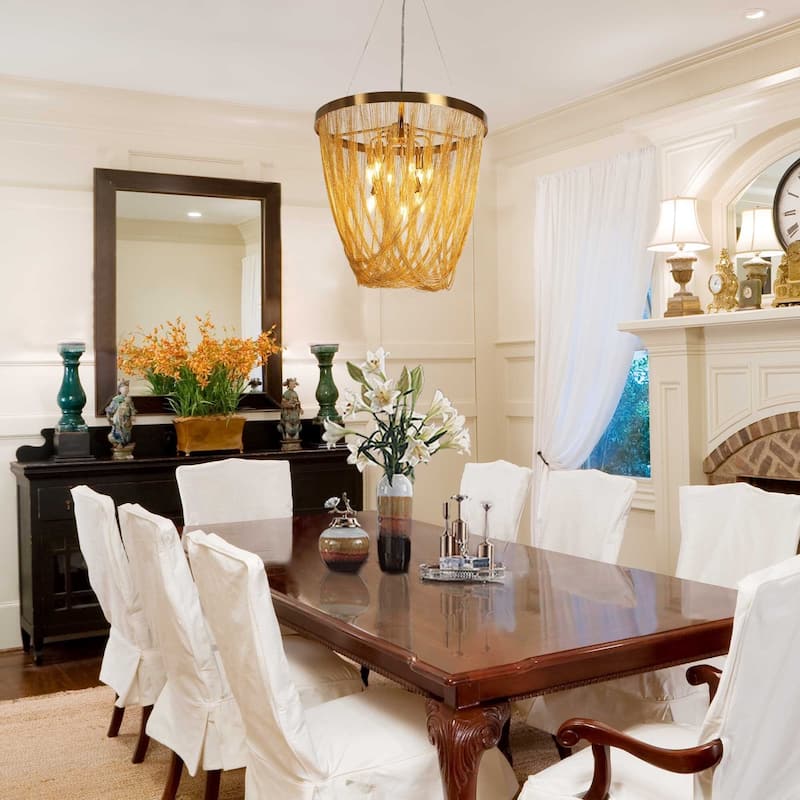 Mid-Century Modern Gold 9-Light Chandelier Empire Aluminum Fringe Design