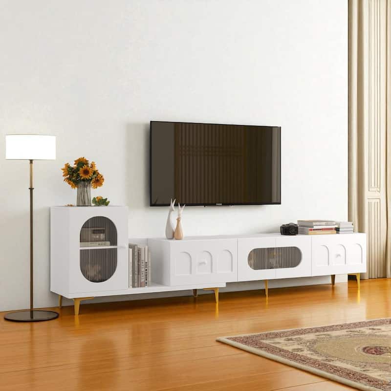 Modern Wood Extendable TV Stand, Rectangular Media Console with 4 Cabinets for TVs up to 89", Adjustable Design