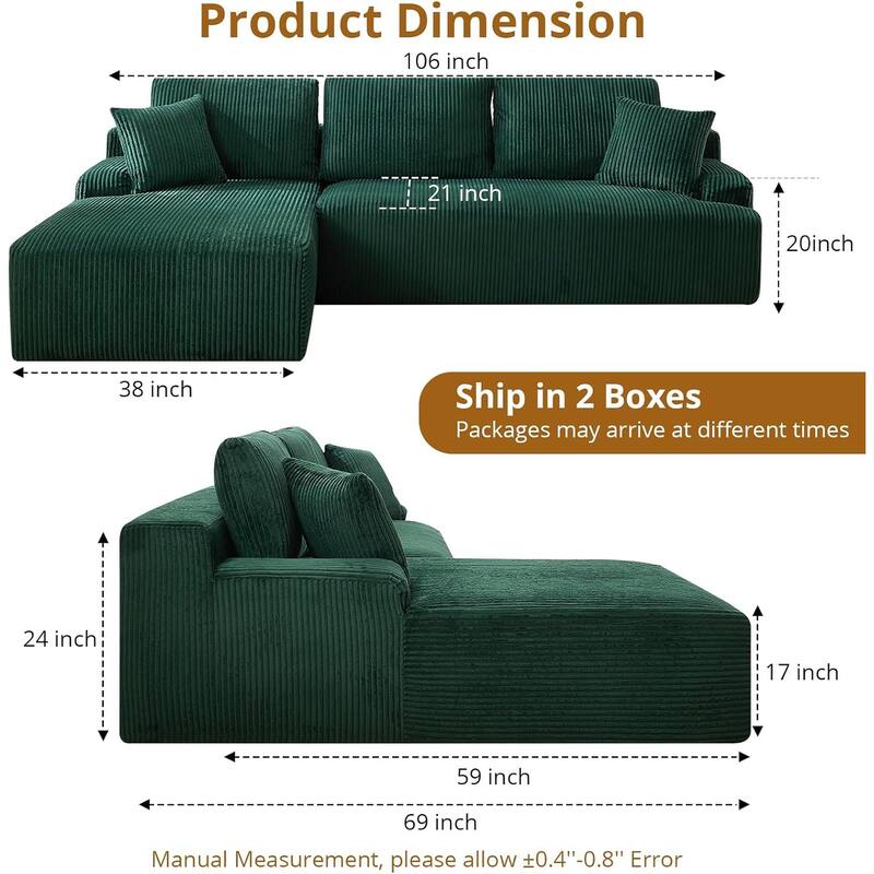 106" Cloud Sectional Couch Modern Modular L Shape Sofa with Chaise Deep Seat