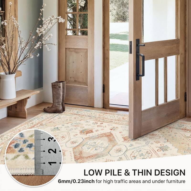 Mcow Faded Floral Vintage Collection Low-Pile Machine-Washable Area Rug