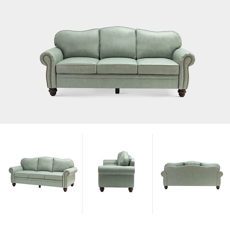 Balvino 81" Wide Transitional Genuine Leather Rolled Arm Sofa with Nailhead Trim and Removable Cushions