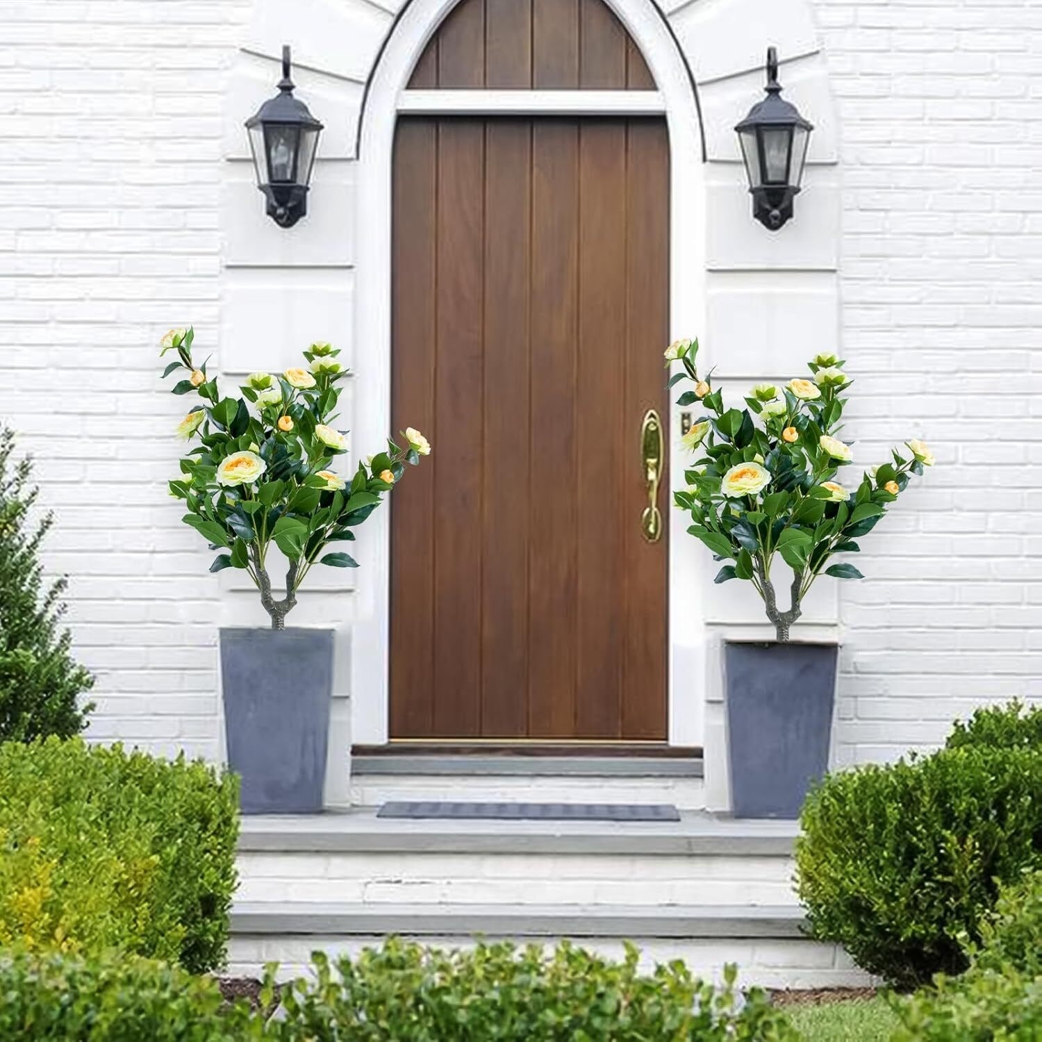 35in Artificial Camellia with Ground Spike-Fake Silk Topiary Trees for Home Decor Garden Patio and Indoor