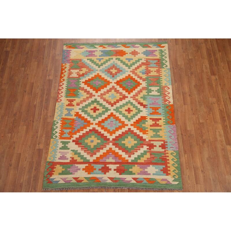 Hand Woven Oriental 100% Wool Carpet Southwestern Geometric Multi-Colored Kilim Area Rug - 6' 10'' X 5' 0''