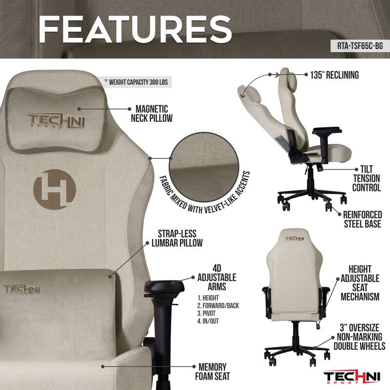 Sport TSF65C Fabric Memory Foam Gaming Chair，High quality and durable， - Beige