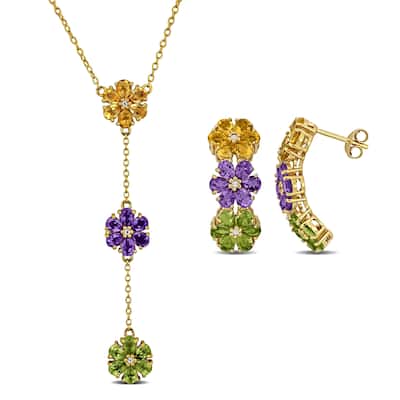 Miadora 8ct TGW Multi-Gem Flower Lariat Necklace Drop Earrings Set in Yellow Plated Sterling Silver