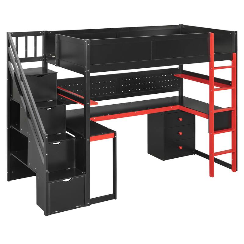Twin Size Wooden Gaming Loft Bed with Storage Stairs, Desk, Shelves & Pegboard
