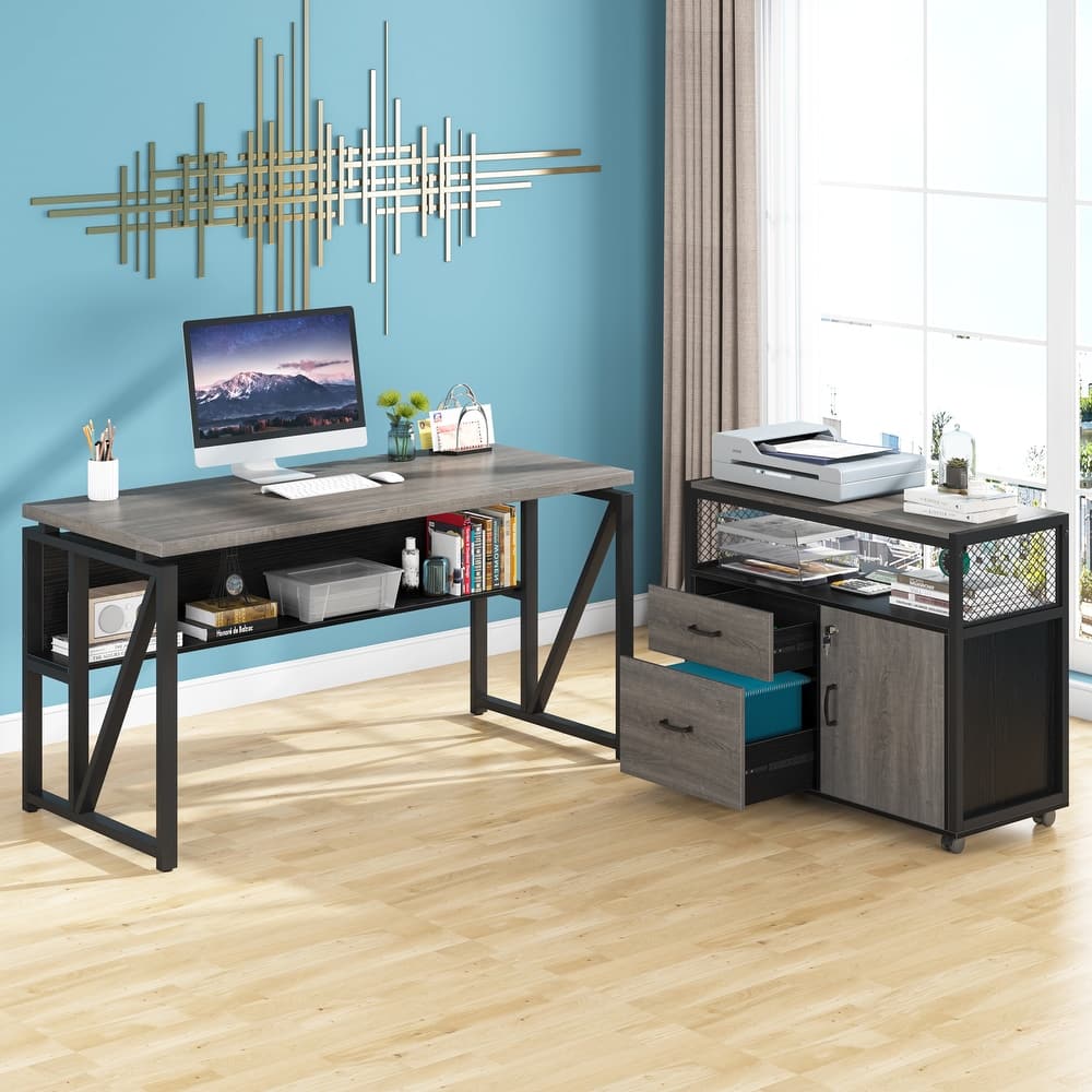 55 inches computer desk and 32 inches file cabinet 2 Piece Home Office Furniture with Bookshelf,Double Drawers