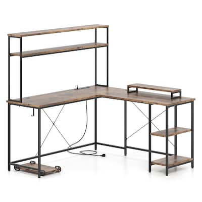 Engineered Wood L-Shaped Gaming Desk with LED Lights and Power Strip