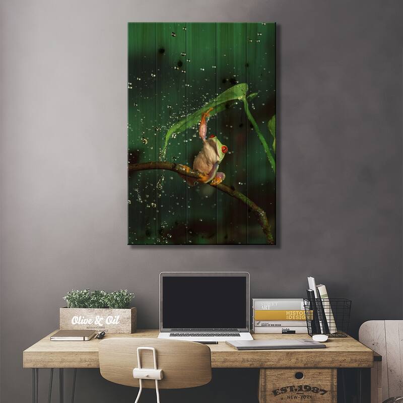 Red-Eyed Tree Frog In Rain, Native To Central And South America Print On Wood by Michael Durham - Multi-Color