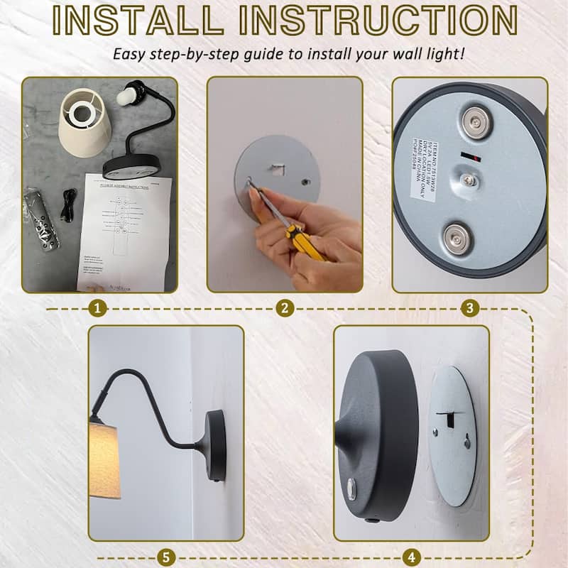 W6" Battery Operated Wall Sconces Dimmable Integrated LED Rechargeable Cordless Swing Head Wall Lamp for Bedroom