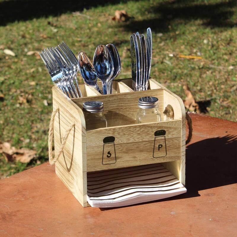 Wooden Utensil Caddy Flatware Holder with Handles - S