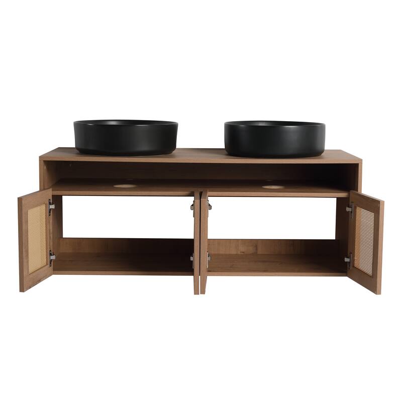 48" Bathroom Vanity with 2 Vessel Ceramic Sink Float Mounting Bathroom Storage Cabinet with 4-Soft Close Door