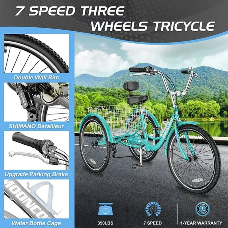 DoCred 7 Speed Tricycles for Adult, 26" Three Wheel Bike Cruiser Trike