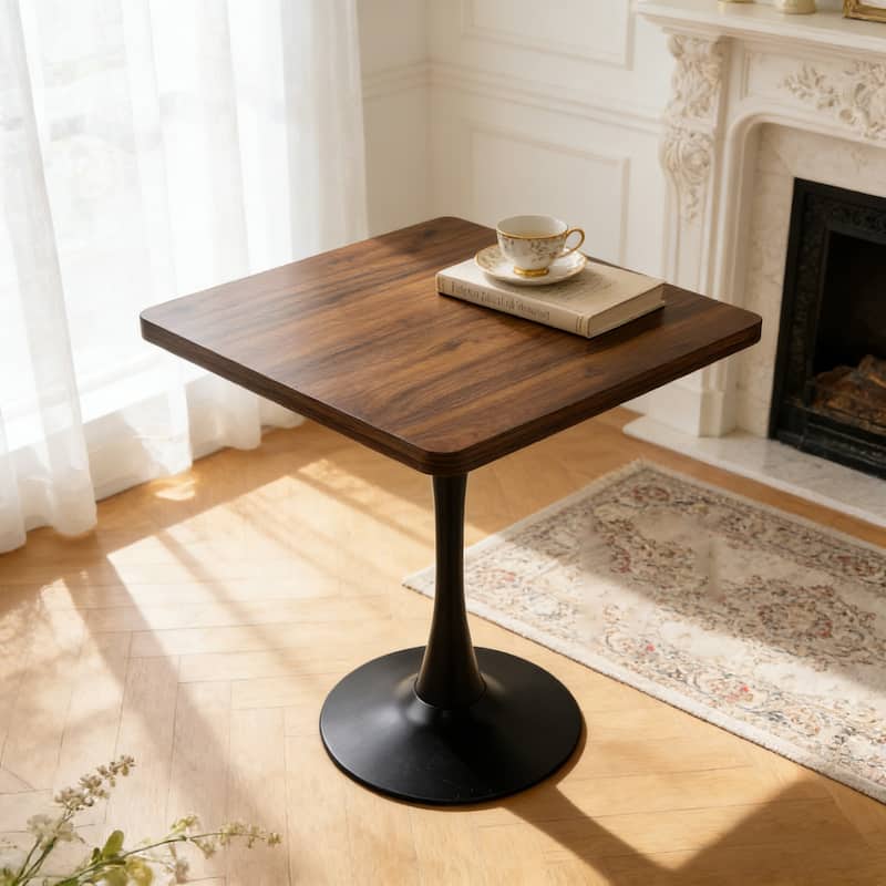 Square Dining Table, 27.6" Tulip Table with Thickened Edge Decor Tabletop & Metal Pedestal, Mid Century Modern Bistro Table