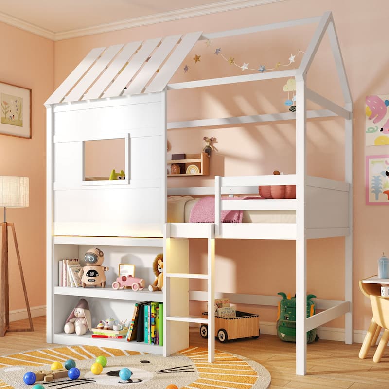 White Twin Size Loft Bed with LED Light House Design Bookshelf and Under Bed Play Space Pine Wood Frame for Kids