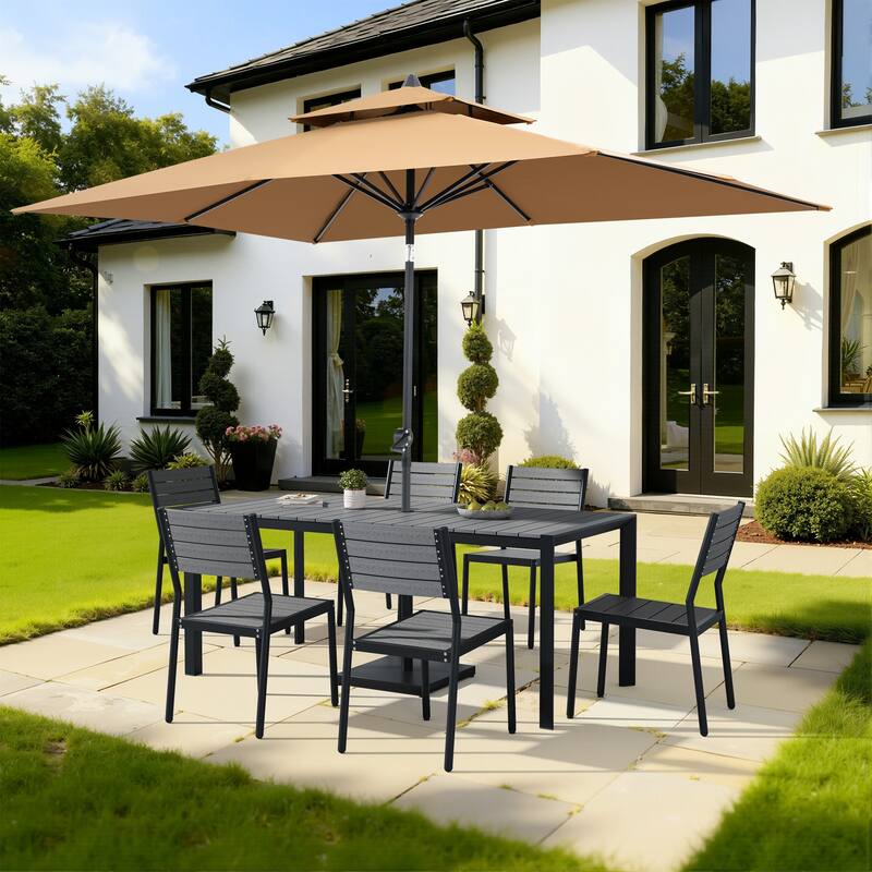 9/11-Piece Outdoor Dining Set w/10 ft Umbrella and Base Aluminum Dining Table and Stackable Chairs - Set of 9 - Grey Table with Tan Umbrella