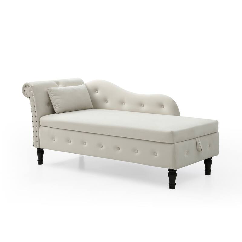 Modern 60" Velvet Upholstered Buttons Tufted Chaise Lounge Chair with Solid Wood Legs and Storage