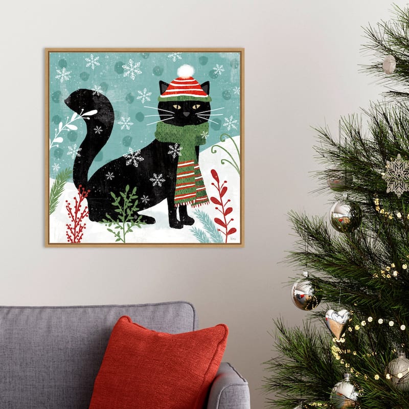 Purrfect Holiday II Cat by Veronique Charron Framed Canvas Wall Art