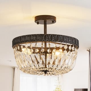 Weathered Black 3-Light Crystal Semi-Flush Mount Ceiling Light with Bowl Shade - 14.2" W x 12.2" H
