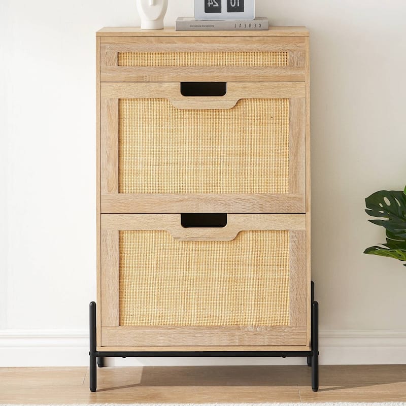 Rattan Shoe Storage Cabinet with 2 Flip Door and Drawer - N/A