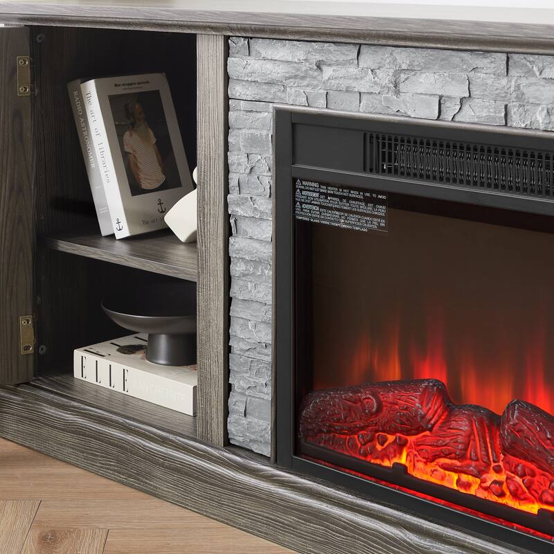 Fireplace TV Stand with 23" Electric Fireplace, Faux Stacked Stone Surround Media Cabinet TV Console for TVs up to 75"