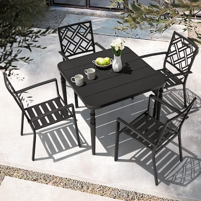 5-Piece Metal Patio Dining Set with Umbrella Hole and 4 Stackable Chairs